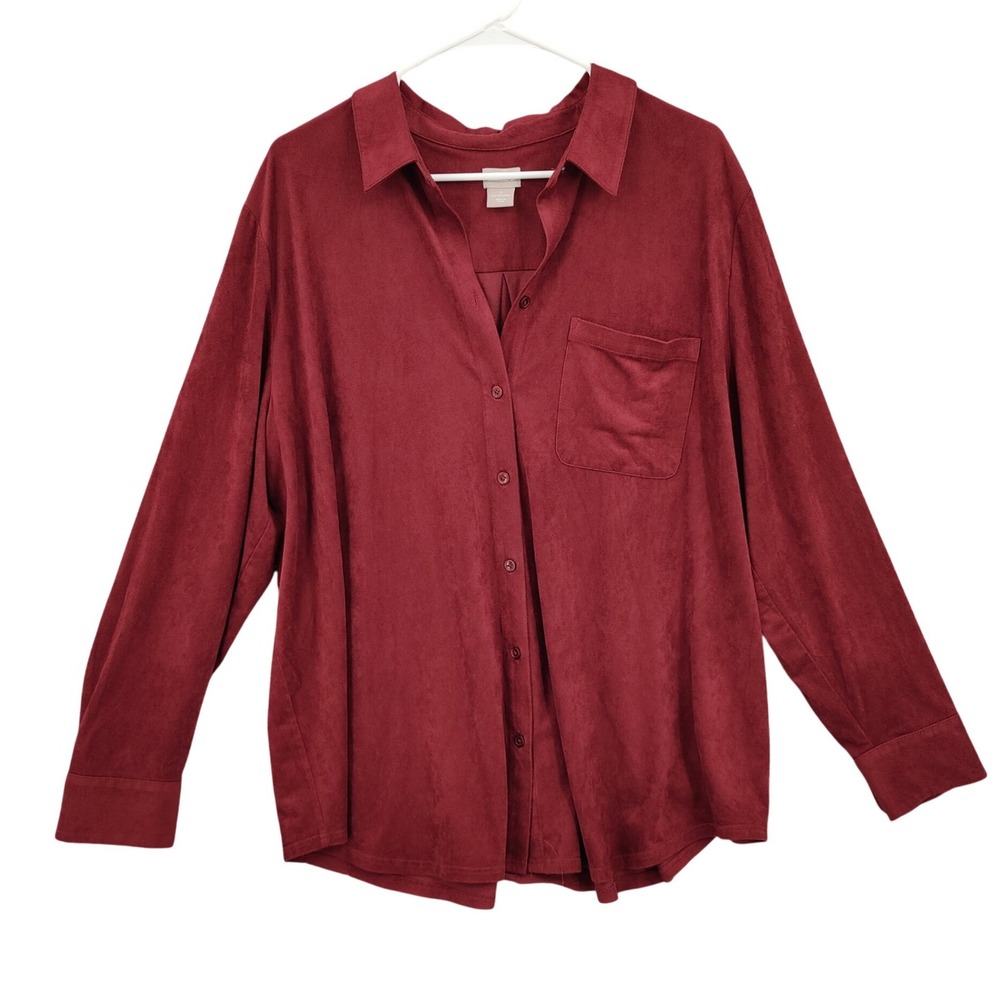 Chico's Womens Classic Minimalist Faux Suede Button Up Shirt 4 XXL Burgundy Soft